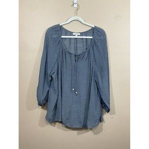 Womens Polka Dot Peasant Shirt Size 2X Blue White Coastal Minimalist Flowy Beach